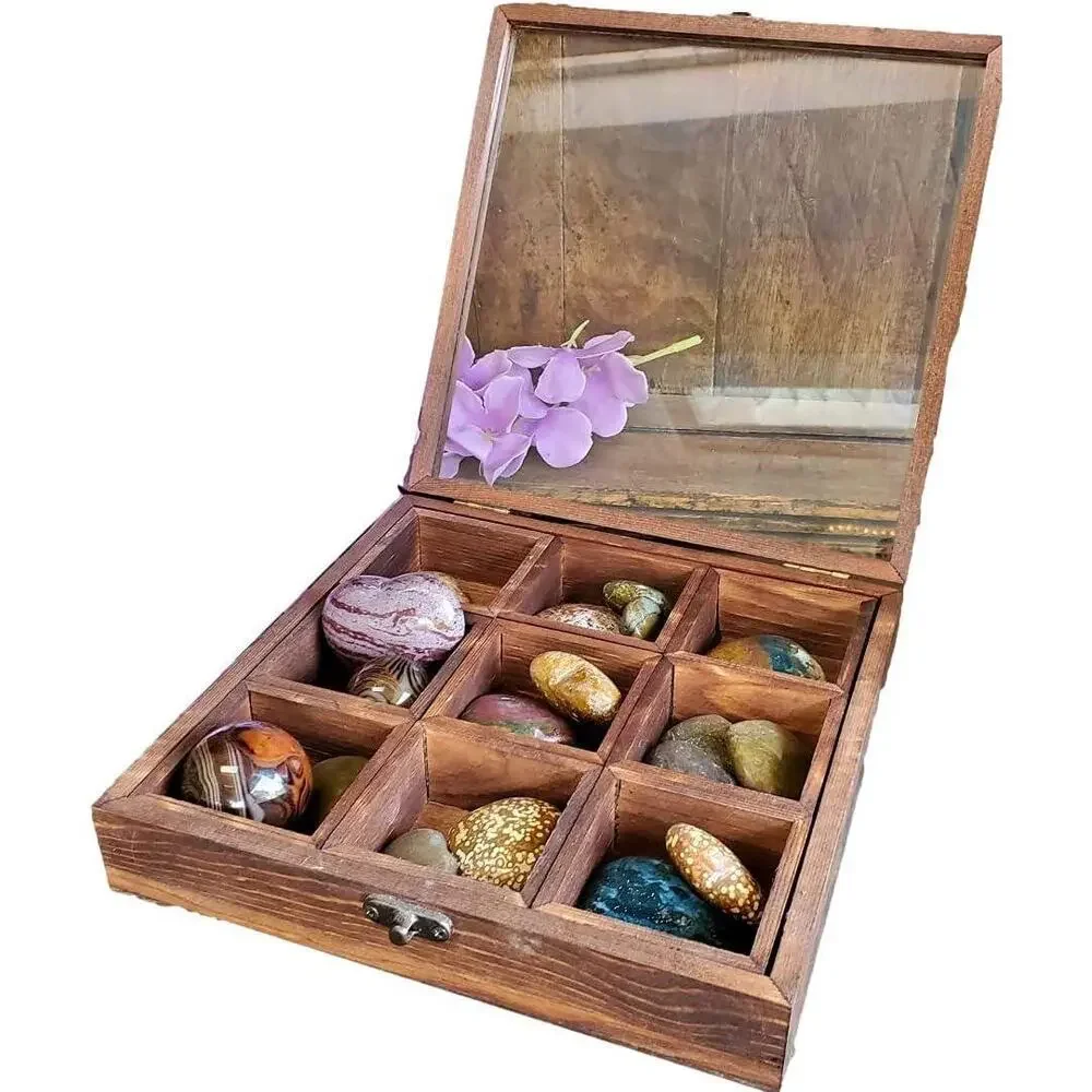 Bohemian Stained Pine Wood Glass Top Crystal Storage Organizing Box with Remova